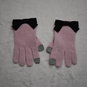 Kate Spade NY O/S Pink Bow Tech Knit Winter Gloves Mittens Grosgrain Wool Blend
